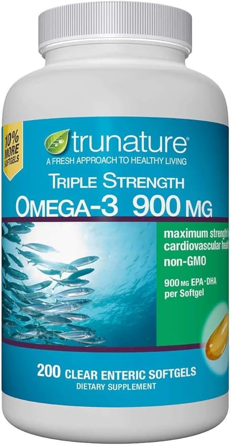 Non GMO Triple Strength Omega-3 900 mg. Total Fish Oil Concentrate 1425 mg - 200 Clear Enteric Softgels