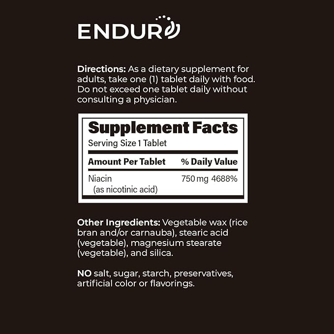 ENDUR-ACIN Niacin Supports Heart &amp Circulatory Function Extended Release Formula Gluten Free 750mg (60 Tablets)