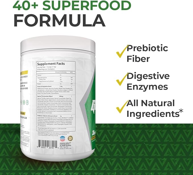 Alpha Supps - Alpha Greens Supplement | Fruit &amp Vegetable Superfood Powder | Over 40 Natural Plant Based Ingredients | Prebiotic &amp Probiotic Digestive Support Blend - 30 Servings (Apple Cinnam