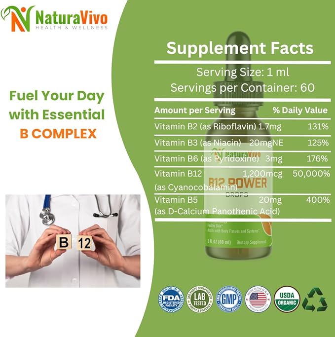 B12 Power Drops: High-Potency Vitamin B Complex for Energy Heart Health and Cognitive Function - Antioxidant Support Liquid Supplement GMP Certified Made in USA