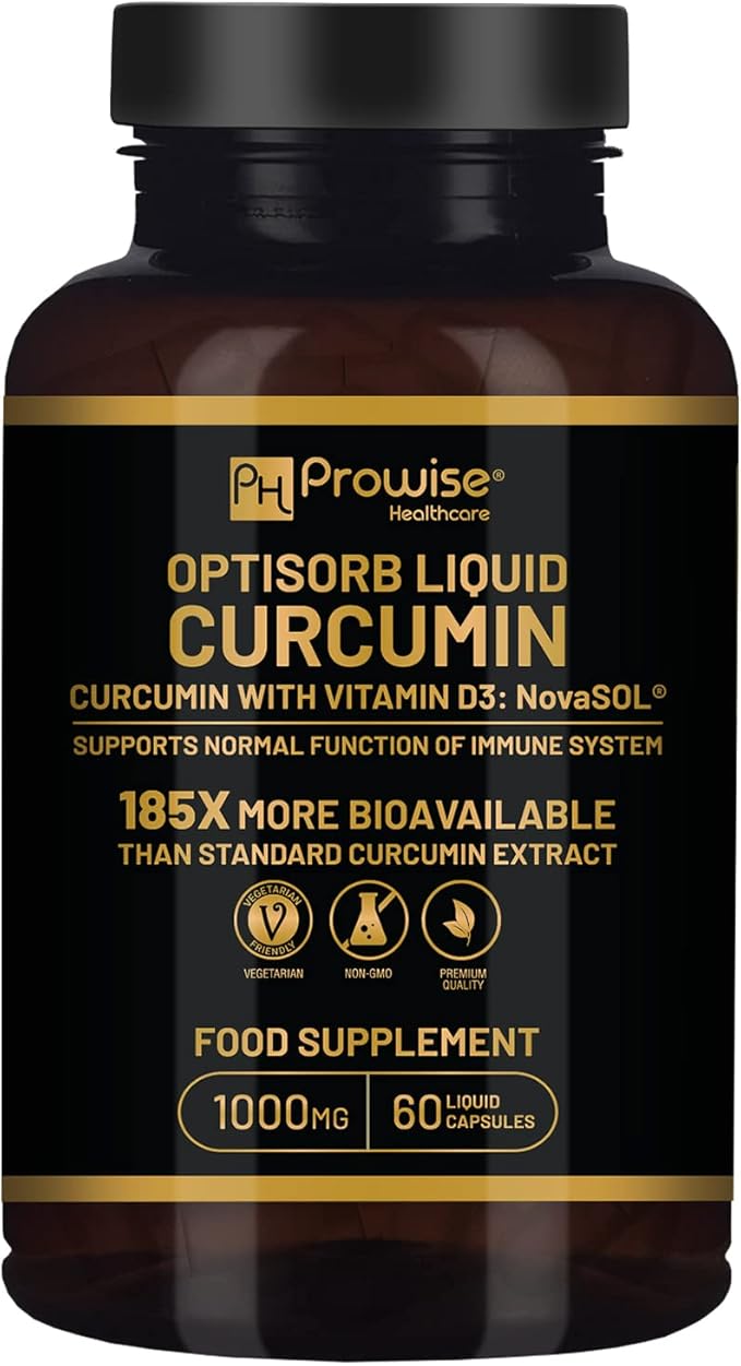 Optisorb Liquid Curcumin with Vitamin D - 60 Liqcaps | 185x Turmeric &amp Curcumin Bioavailability - Ultra Bioavailable | Liquid Capsules with 1000mg NovaSOL Daily Dosage - UK Manufactured
