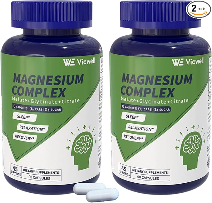 Triple Magnesium Complex - 300mg Magnesium from Malate Glycinate and Citrate - Supports Stress Relief &amp Sleep Nerves &amp Metabolism Muscle Relaxation &amp Bone Health - 180 Capsules(2 Bottl