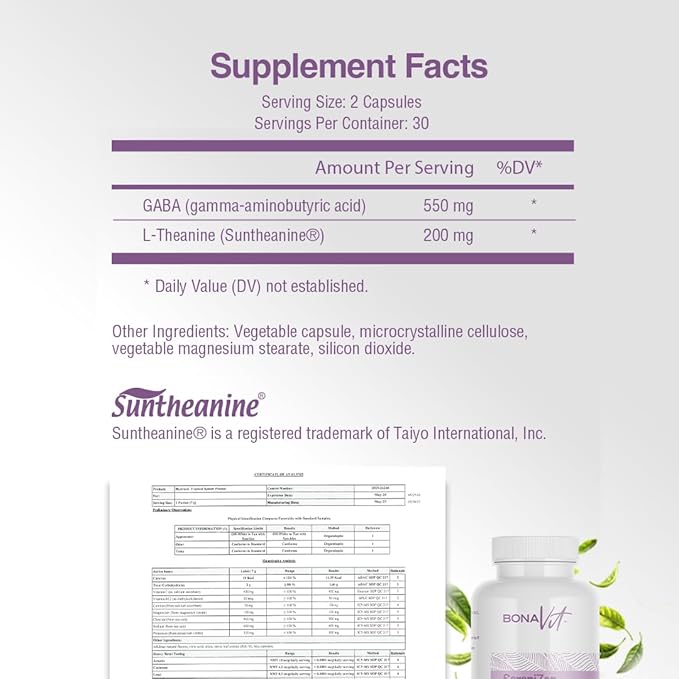 Natural Anti-Stress Dietary Supplement - 60 Capsules - GABA 550 mg and L-Theanine Suntheanine 200 mg - No Stimulants or Additives - Vegan and Non-GMO SereniZen