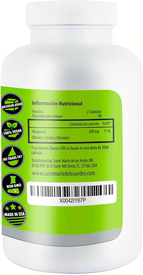 Magnesium Complex Supplement (Glycinate Citrate &amp Malate) – 180 Capsules (90 Day Supply) – 300mg Magnesium per Serving – Vegan