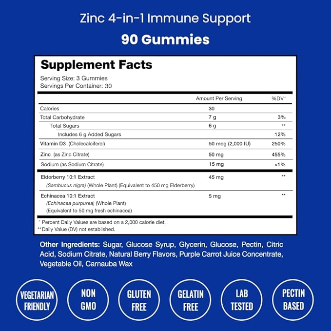 NutraChamps 4-in-1 Zinc Gummies 50mg Chewable Zinc Supplement Gummies with Vitamin D3 2000 IU Elderberry &amp Echinacea Immune Heart &amp Brain Support 180 Count (Pack of 2)