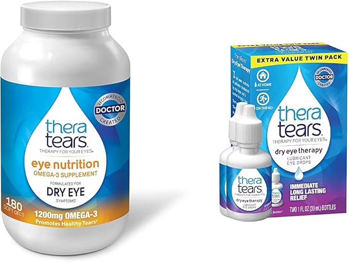 TheraTears 1200mg Omega 3 Supplement for Eye Nutrition Organic Flaxseed Triglyceride Fish Oil and Vitamin E 180 Count &amp Dry Eye Therapy Lubricating Eye Drops for Dry Eyes 1 fl oz Bottle Twin Pa