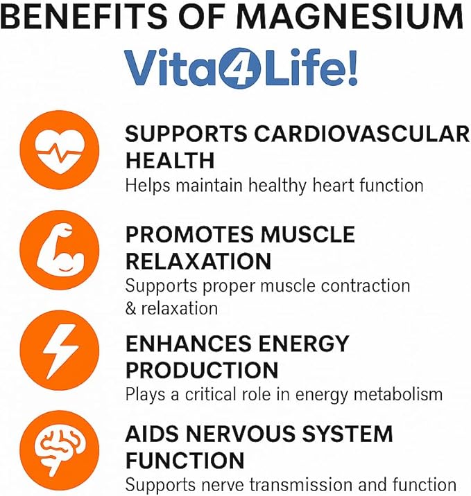 Vita4Life!® - Premium Magnesium Citrate High Absorption Capsules (240 Count)