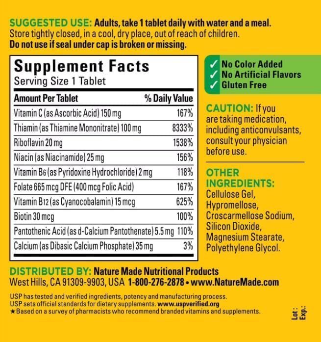 Nature B-Complex Vitamins for Adults – 460 Tablets High Potency Vitamin B Supplement for Energy Production Metabolism &amp Nervous System Support – 15 Month Supply – Includes MEELTA Wellness Guide