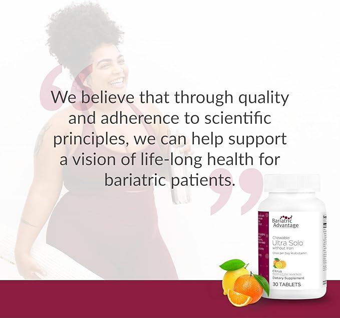 Bariatric Advantage Chewable Ultra Solo Without Iron - Once-Per-Day Daily Multivitamin - for Bariatric Surgery Patients - Thiamin Vitamin A &amp More - Gluten-Free - Citrus - 30 Count