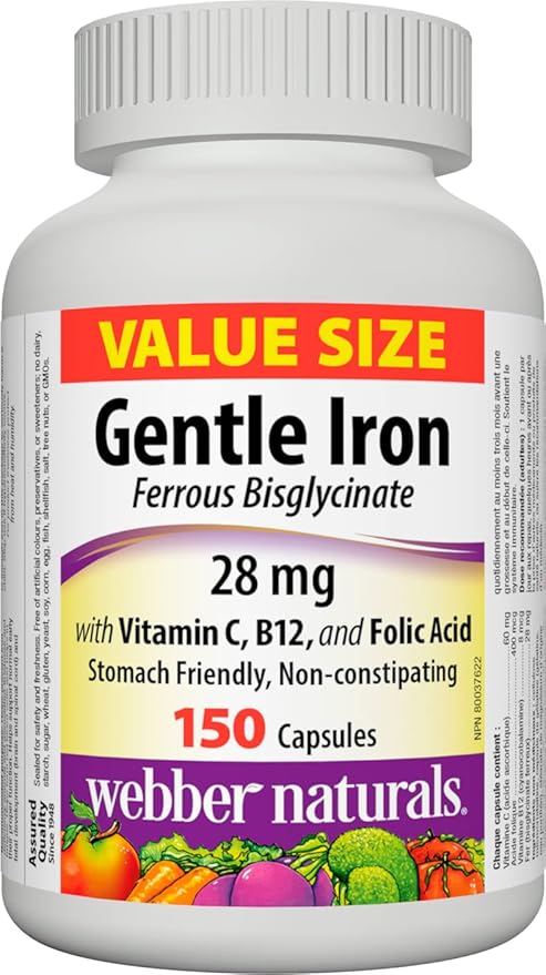 Webber Naturals Gentle Iron Supplement with Vitamin C B12 and Folic Acid 28 mg 150 Capsules Stomach-Friendly Non-Constipating Helps Prevent Iron Deficiency Anemia