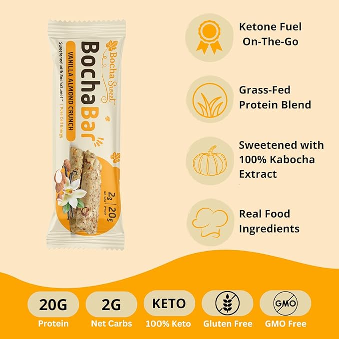 BochaSweet Keto Protein Bar Vanilla Almond Crunch BochaBar 20g Grass Fed Collagen Low Carb Keto-Friendly Gluten Free 4 Count