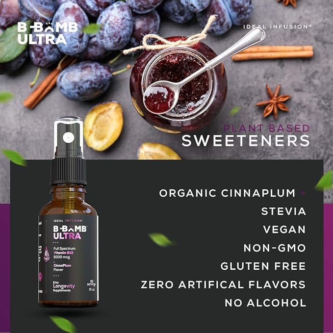 Ideal Infusion B-Bomb Triple B12 Vitamin Liquid Spray: Methylcobalamin Adenosylcobalamin Hydroxocobalamin - Nerve Health and Energy Booster- 5000 mcg Keto Sugar Free (Organic CinnaPlum)