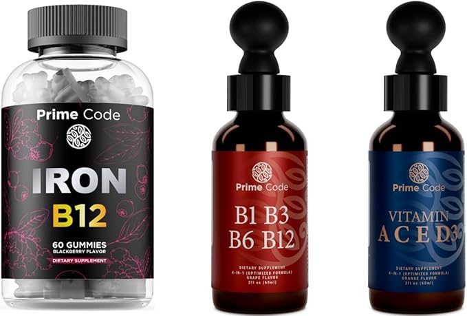 Prime Code Iron Gummies for Women &amp Men with Vitamin B12 Liquid Vitamin B1 Drops with Vitamin B3 B6 &amp B12 Liquid Vitamin A Supplement for Women &amp Men with Vitamin C E and D3