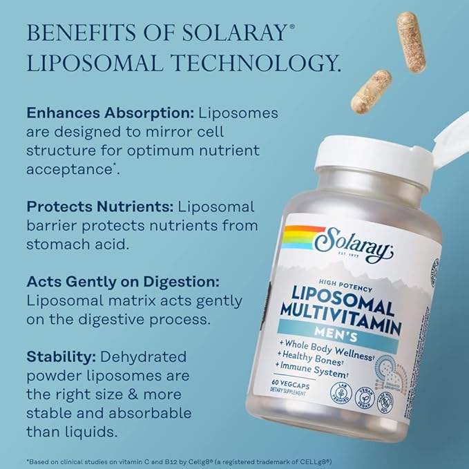 SOLARAY Liposomal Multivitamin for Men Enhanced Absorption Immune Energy &amp Bone Support Mens Daily Multi Vitamin BCAAs Vitamin D3 C B12 Zinc Vegan Soy Free 30 Serv 60 VegCaps