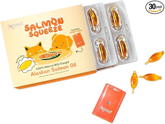 Spoonful Salmon Squeeze - 100% Natural Wild-Caught Alaskan Salmon Oil – 2000 mg Omega-3 Softgel 90 Squeezeable Softgels | DHA EPA &amp Natural Astaxanthin Non-GMO Sustainable Made in USA (90)