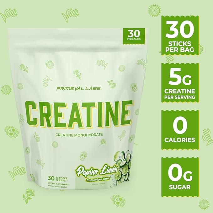 Primeval Labs Clean Creatine Monohydrate Powder | Flavored Powder for Muscle Strength &amp Recovery | Latin Aqua Fresca Flavors | Workout Supplement for Men &amp Women | 30 Servings | Pepino Limon