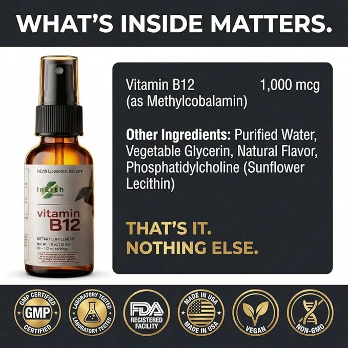 Liposomal Vitamin B12 Sublingual Spray 1000 mcg Methylcobalamin | Fast Absorbing Energy Support | Plant Based Non GMO Vegan | 60 Day Supply