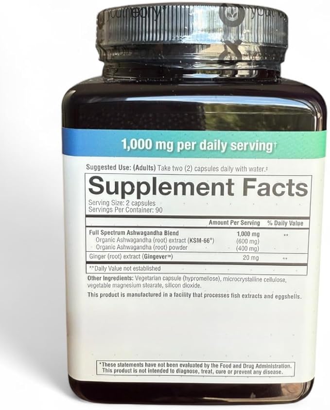 Organic Ashwagandha Daily Adaptogen Formula 1000mg 180 Vegetarian Capsules Stress Support Supplement with KSM-66 Enhanced with Ginger Extract