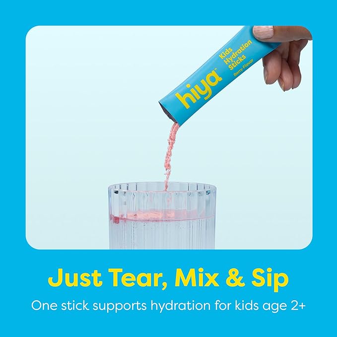 Hiya Kids Hydration with Electrolytes - Zero Added Sugar Berry Flavored Kids Hydration Packets - 15 Sticks - Travel-Friendly Drink Mix for Children Ages 2+
