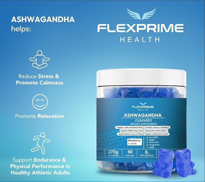 Ashwagandha Gummies Sugar Free 6g | Vegan Halal Non-GMO Gluten-Free | Blueberry Flavor | Focus Calm Recharge | Men Women 90 Count