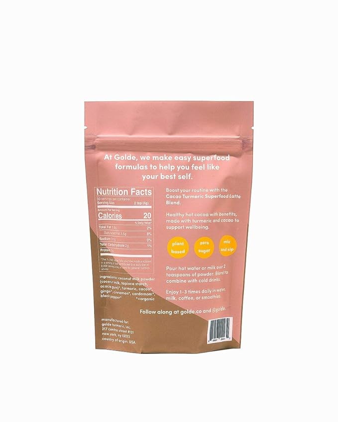 GOLDE - Superfood Latte Blend - Cacao Turmeric - Plant Based w/Turmeric Cacao &amp Coconut Milk Powder - Healthy Hot Cocoa - Coffee Replacement - Vegan Keto &amp Sugar-Free - 30 Servings