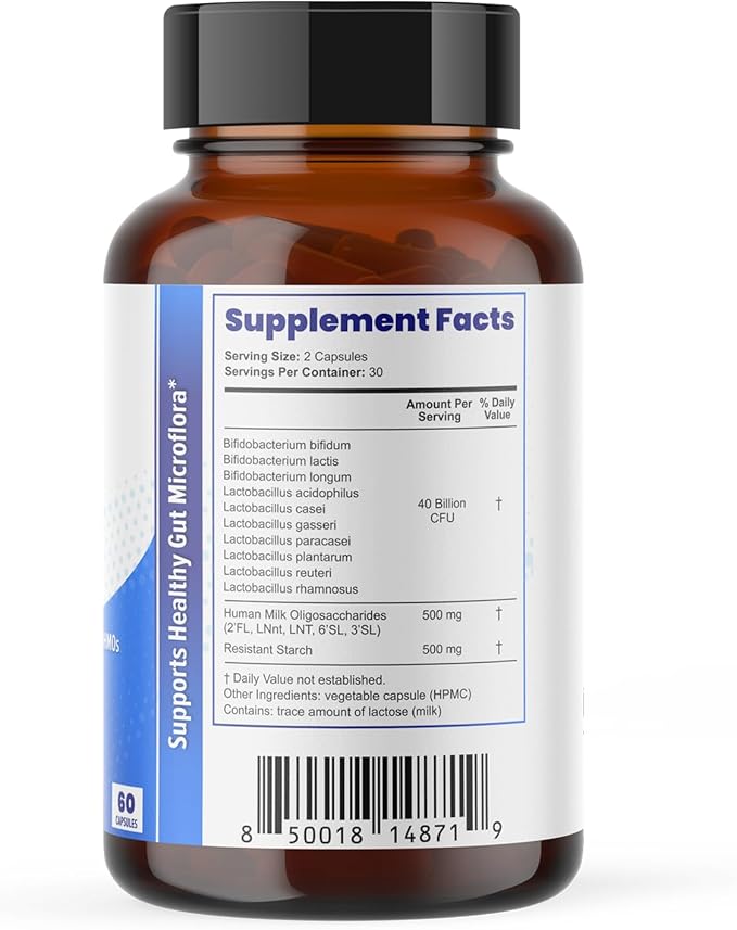 Layer Origin SuperHMO: Synbiotic Capsules with 5 HMO Prebiotics &amp 40 Billion CFU Probiotics - Bifidobacteria &amp Lactobacillus 60 Count
