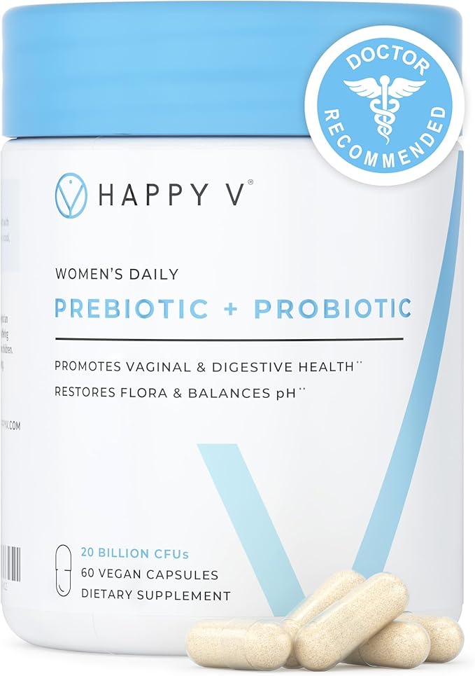 Happy V Dr. Formulated Vaginal Probiotics for Women Odor &amp Itch Support Urinary &amp Gut Health pH Balance | Womens Daily Probiotic with Patented Prebiotics &amp Lactobacillus for Feminine Wel