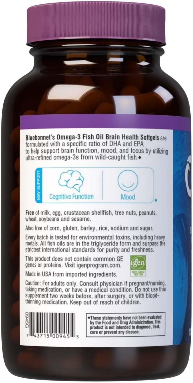 BlueBonnet Nutrition Omega-3 Brain Formula Natural Wild Caught Triglyceride Form DHA 1000 mg EPA 210 mg Highly Concentrated Cognitive Health &amp Wellness Support Supplement Gluten-Free Softgel Ye