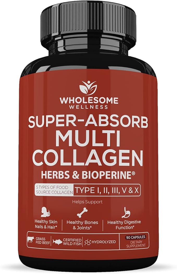 Wholesome Wellness Super-Absorb Multi Collagen Pills (Type I II III V X) Organic Herbs and Bioperine + Dr. Formulated Raw Probiotics for Women 100 Billion CFUs with Prebiotics Bundle