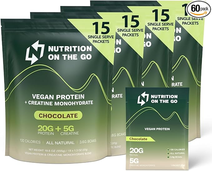 Nutrition On The Go Vegan Protein Powder Packets with Creatine – 20g Plant Proteins + 5g Creatine – Single-Serve Travel Protein Powder – All-Natural Gluten-Free – Chocolate – (60-Pack)
