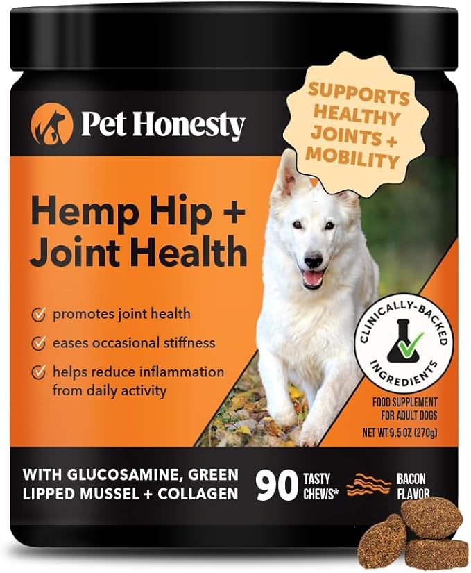 Hemp Hip &amp Joint Supplement for Dogs - Hemp Oil &amp Powder - Glucosamine Chondroitin for Dogs Turmeric MSM Green-Lipped Mussel Supports Mobility May Reduce Discomfort (Bacon)