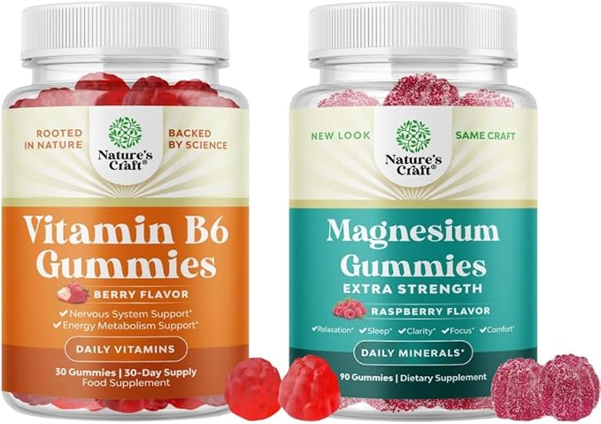 Bundle of Potent Vitamin B6 Gummies for Adults - Vitamin B Complex Supplements for Nervous System and Extra Strength Calm Magnesium Gummies for Adults - Relaxing Magnesium Citrate with Elemental Mag