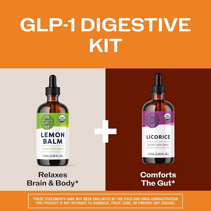 Vimergy GLP-1 Digestive Kit* – Lemon Balm (115ml) + Licorice (115ml) – Digestive + Stress Support – Organic Vegan Kosher – Fast-Absorbing Liquid Extracts – Herbal Tea Companion for GLP-1 Users