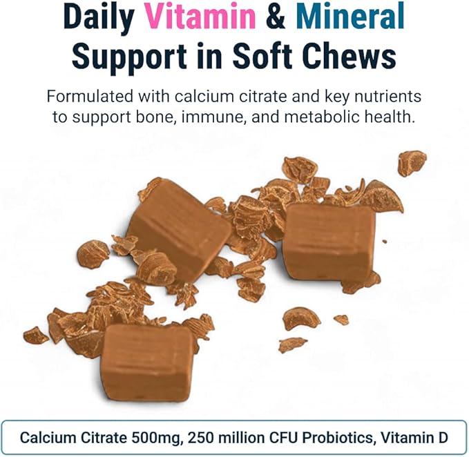 BariatricPal Sugar-Free Calcium Citrate Soft Chews | 500mg with Vitamin D &amp Probiotics | Caramel Apple | 90 Count (1 Month Supply)