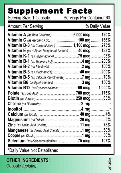 Vita4Life!® ADEK Fat Soluble Vitamins A D E K - High Absorption Bariatric Multivitamin - No Iron Formula with B-Complex &amp Calcium - 60 Fast Dissolving Capsules for Post Surgery &amp General Healt