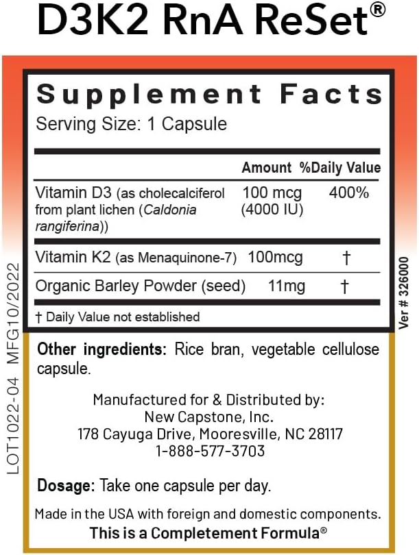 RnA ReSet D3K2 Reset – 4000 IU Vitamin D3 &amp 100 mcg K2 Supplement (60 Capsules) NSF Certified