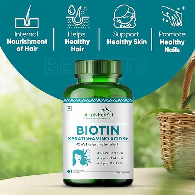 Simply Herbal Natural Biotin (Vitamin B7) Capsules for Healthy Hair Radiant Skin &amp Strong Nails - Enhanced with Keratin Multivitamins &amp Amino Acids - 90 Vegetarian Capsules for Men &amp Wom
