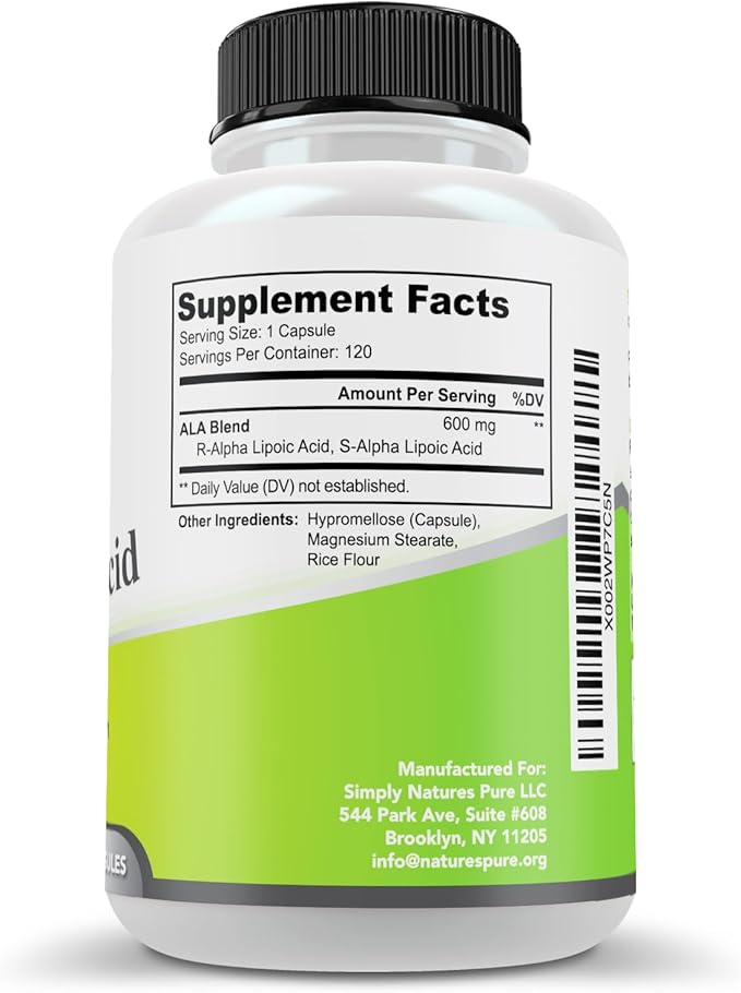 Simply Natures Pure Alpha Lipoic Acid 600mg 360 Veggie Capsules Non-GMO Thioctic Acid 12 Month Supply