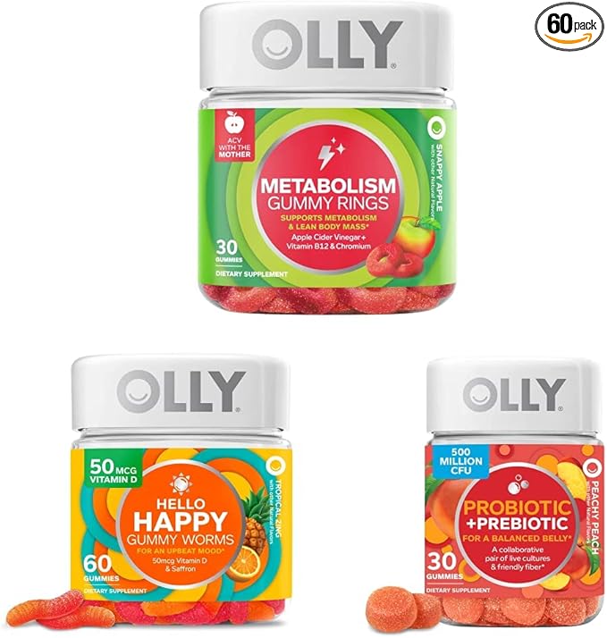 OLLY Metabolism Gummy Rings Apple Cider Vinegar Vitamin B12 Chromium Energy and Digestive Health Chewable Supplement Apple Flavor - 30 Count and OLLY Hello Happy Gummy Worms Mood Balance Suppor