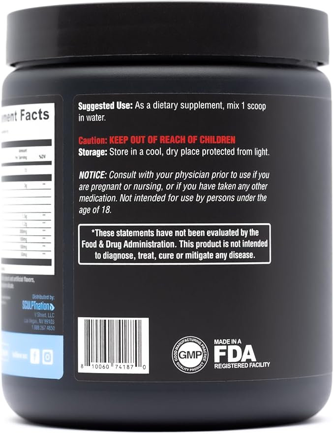 Sculpt Nation by V Shred PreWorkout - Premium Pre Workout Powder with Amino Acids for Ultimate Performance Endurance and Energy Support Blue Raspberry - 30 Servings