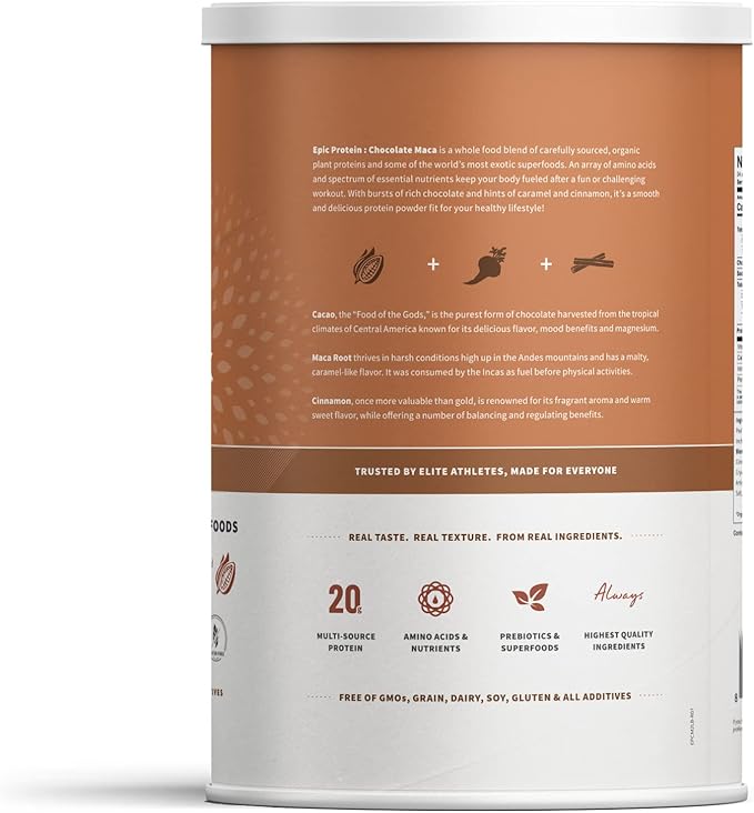 Sprout Living Epic Protein Plant Based Protein &amp Superfoods Powder Chocolate Maca Powder | 20 Grams Organic Protein Powder Vegan Non Dairy Non-GMO Gluten Free Low Sugar (2 Pound 24 Serving