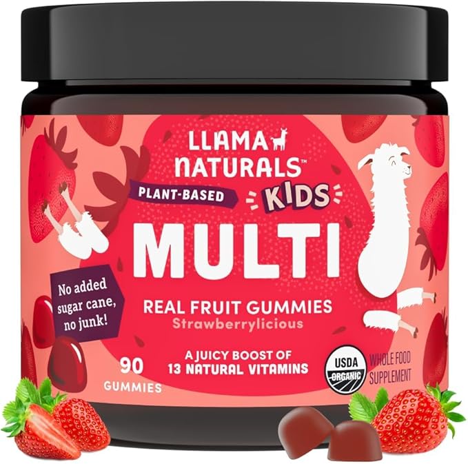 Llama Naturals Kids Multivitamin Gummies | Real Fruit No Added Sugar Cane | Organic Vegan Toddler Whole Food Vitamins | Vitamin D C &amp Beta Carotene Gummy Supplement | Strawberry 90 Ct (1-2 Month