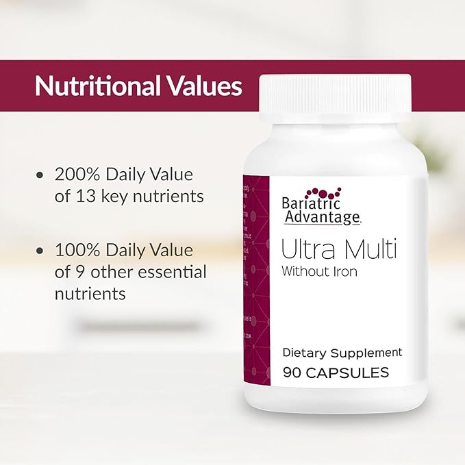 Bariatric Advantage Ultra Multi Without Iron High Potency Daily Multivitamin for Bariatric Surgery Patients with 22 Essential Vitamins and Nutrients - 90 Capsules 30 Servings