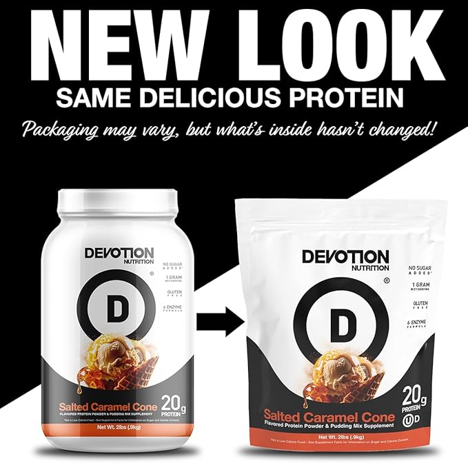 Devotion Nutrition Protein Powder Blend | Gluten Free Keto Friendly No Added Sugars | 1g MCT | 20g Whey &amp Micellar Protein | 2lb Tub (Salted Caramel Cone)