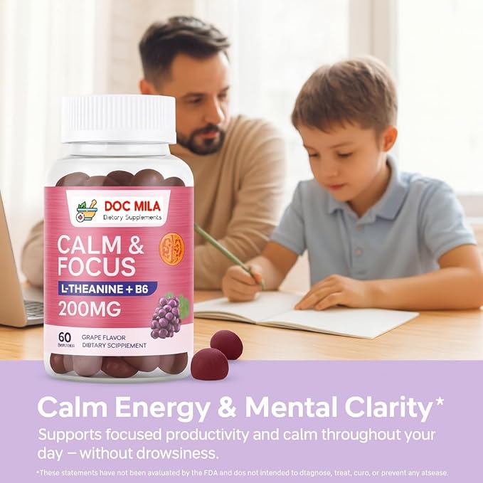 L-Theanine Gummies 200mg – L Theanine Supplement Chewable Gummy – Ltheanine/L’theanine 200mg – Focus and Calm Vitamins Supplement for Kids and Adults