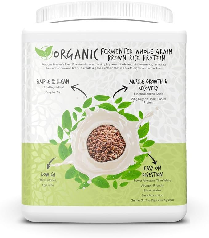 Portions Master Plant Protein Organic Plant Based Protein Powder with Fermented Brown Rice Complete Amino Acid Profile Vegan Non GMO Gluten Free (375g Unflavored)