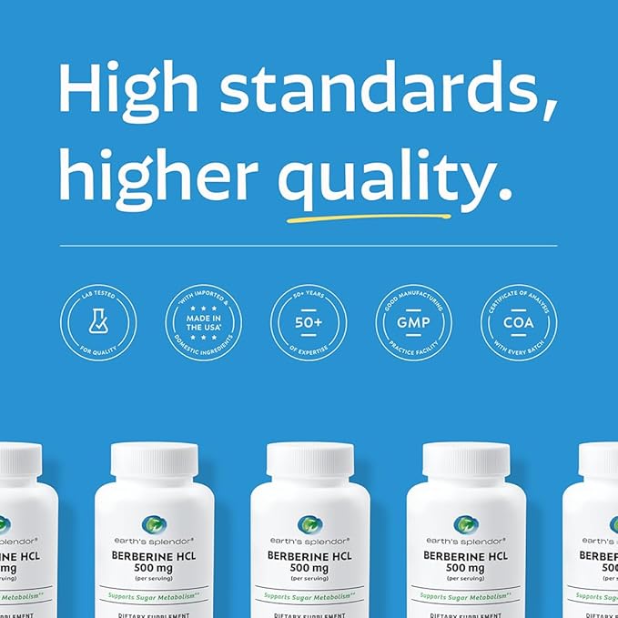 Earth's Splendor Berberine 500mg Capsules Supports Metabolism (120ct Bottle 2 Month Supply) Non-GMO Vegan-Friendly