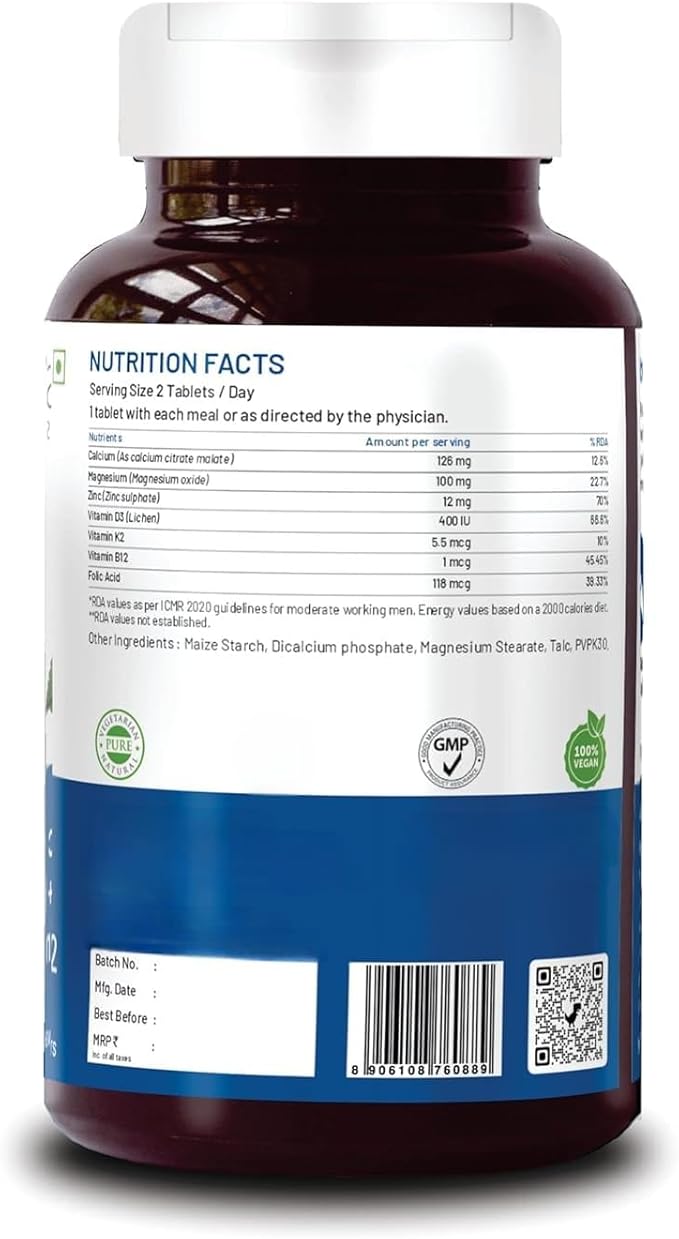 Calcium Magnesium Zinc Vitamin D3 K2 B12 Folic Acid | Joint Support Bone Strength| for Men &amp Women Health Supplement - 120 Vegetarian Tablets