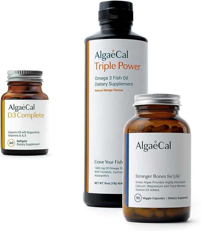 ALGAECAL Bundle - D3 (1000 IU) + K2 Vitamin E Vitamin A (1000 IU) &amp Plant-Based Calcium for Bone Support &amp Omega 3 with 1200mg EPA DHA