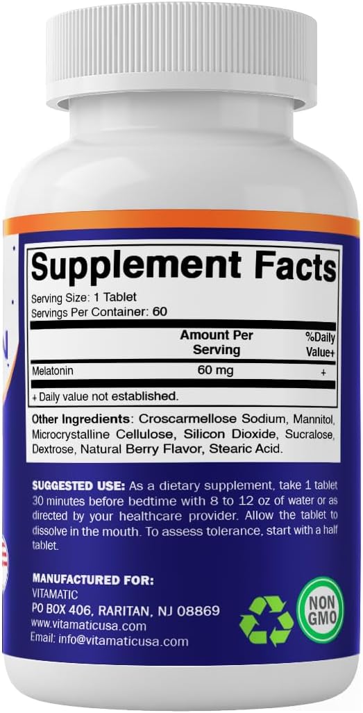 Vitamatic Melatonin 60 mg Fast Dissolve Tablets - 60 Vegan Natural Berry Flavor Tablets - Non-Habit Forming - Non-GMO Gluten Free (2 Bottles)